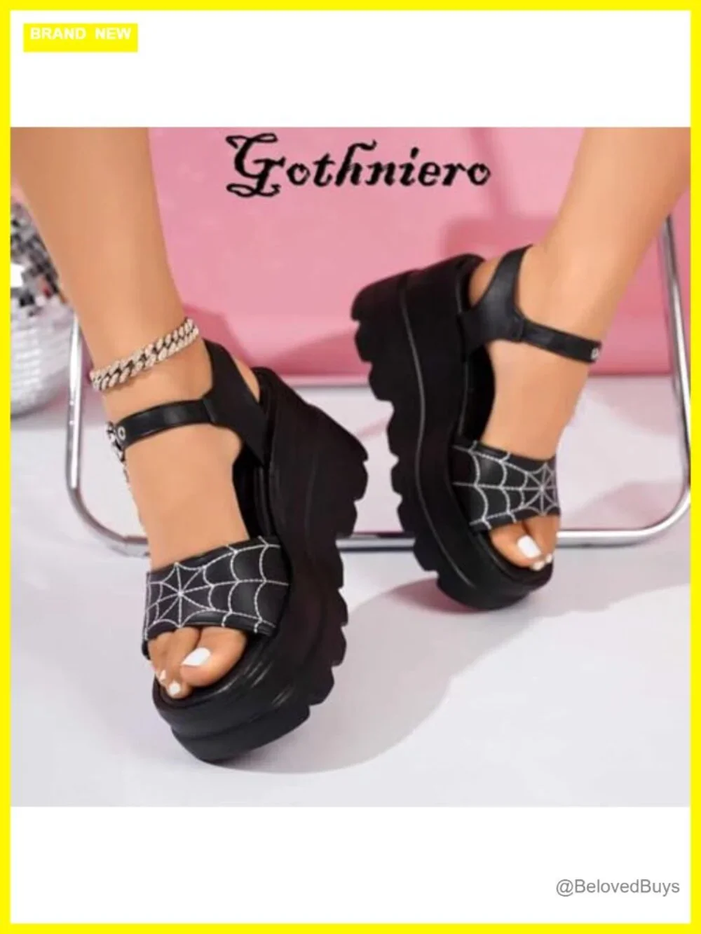 Faux Leather Platform Sandals Chunky Wedge Heel Metallic Buckle Ankle Strap